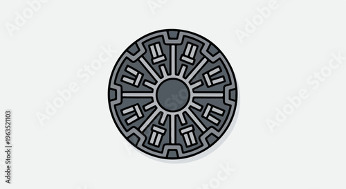 Circular grate with geometric patterns in gray tones