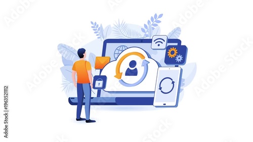 Animated man managing cloud account sync and security on laptop and smartphone