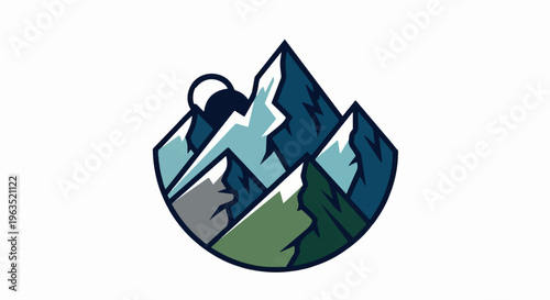 Stylized, geometric mountain range with a dark circle partially obscuring sun