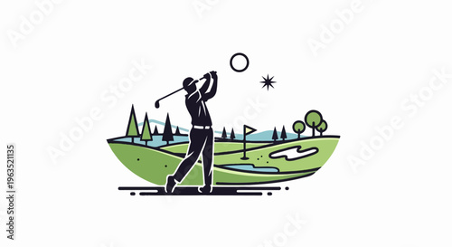 Stylized golfer swings club on a green golf course with trees