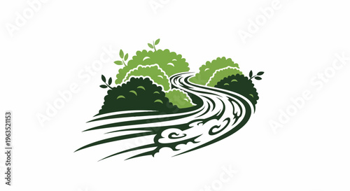 Stylized green forest with a flowing river and abstract waves