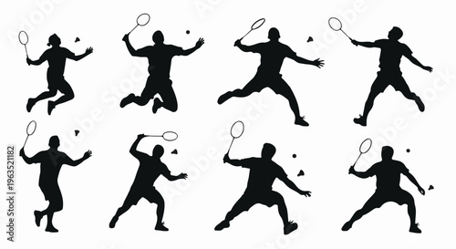 Eight black silhouette figures playing badminton