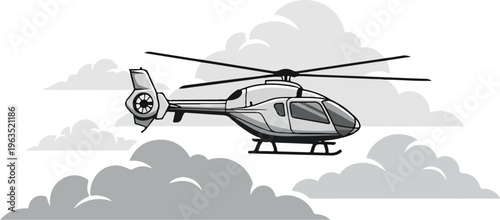 Stylized illustration of a light-colored helicopter flying among clouds