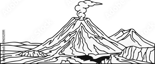 Drawing of a smoking volcano with a river and mountains in the background