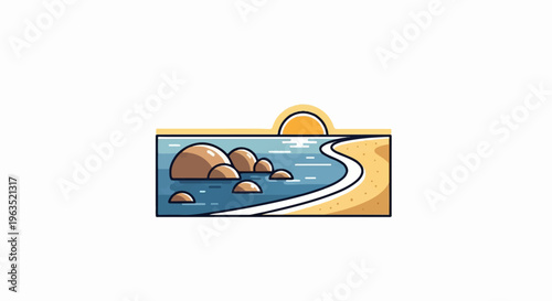 Stylized pixel art of a serene beach scene with rocks and a setting sun