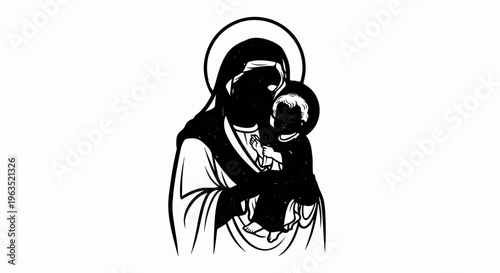 Madonna and child in bold black linework with halo