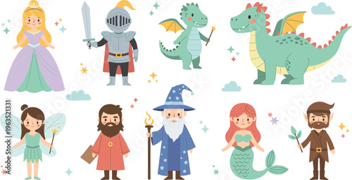 Cute fantasy character collection featuring princess, knight, dragons, wizard, mermaid, and fairy in flat vector style for children storybooks, games, and magical themed birthday party invitations