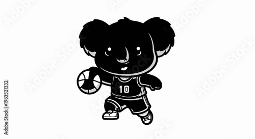Cute black and white cartoon koala playing basketball