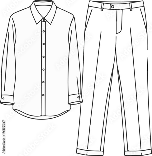 Detailed line drawing of a button-down shirt and tailored trousers