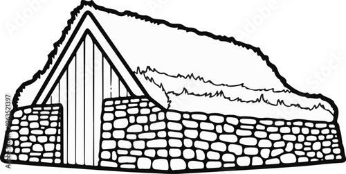 Black and white sketch of a rustic dwelling with thatched roof