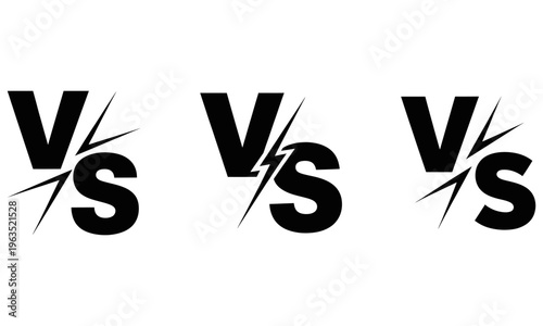 Versus VS lightning bolt logo set for competition, sports battle, gaming rivalry, combat events, and confrontational match promotional designs