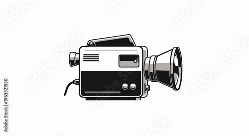 Retro movie camera with lens and handle, black and white