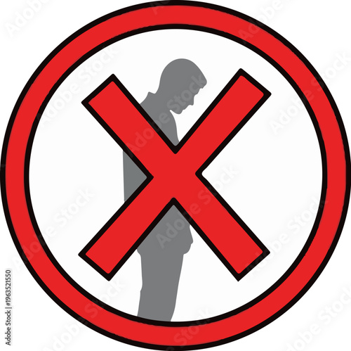 Silhouette of a man behind a red cross and circle symbol