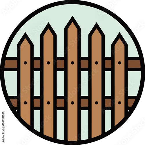 Round icon featuring a wooden picket fence against a pale blue background