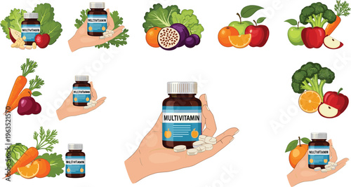 Multivitamin Bottle with Fruits and Vegetables for Health and Wellness, Featuring Fresh Produce and Nutritional Supplements