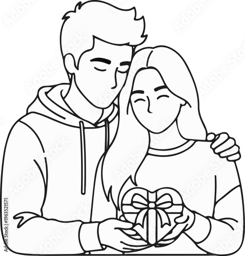 Romantic embrace of a couple presenting a heart-shaped gift box