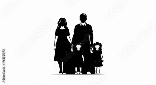 Silhouette of a family of four, parents with two children, standing together