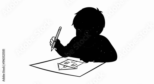 Silhouette of a young child concentrating while drawing a house with a pencil