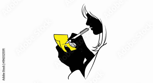 Silhouette of a woman writing on a yellow notepad with a pen