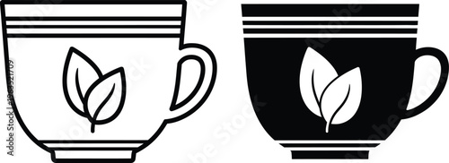 Black and white illustration of two tea cups with leaf designs