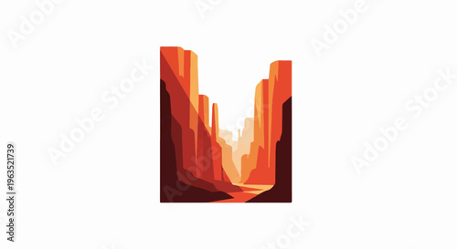 Stylized desert canyon with river and dramatic sunlit rock formations