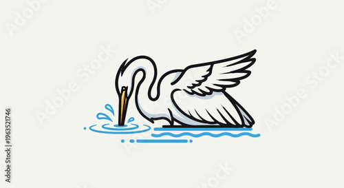 Stylized heron with beak in water creating ripples, white feathers, black outline