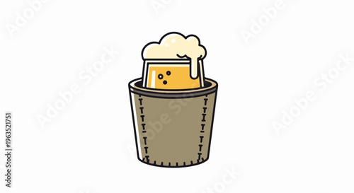 A frothy glass of amber liquid sits inside a stitched beige holder