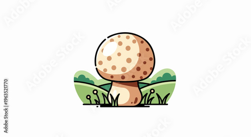 A cute, stylized mushroom with a beige cap dotted with brown, sits on a green hill