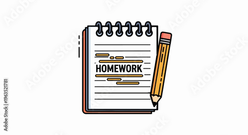 A coiled notebook with lines and the word "Homework" is next to a pencil