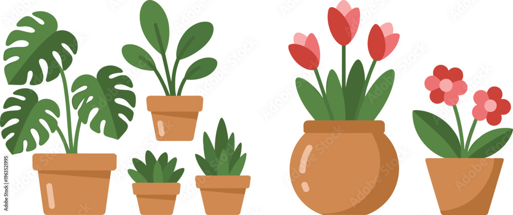 Εκτύπωση καμβά Indoor potted plants vector set, decorative houseplants and blooming flowers in