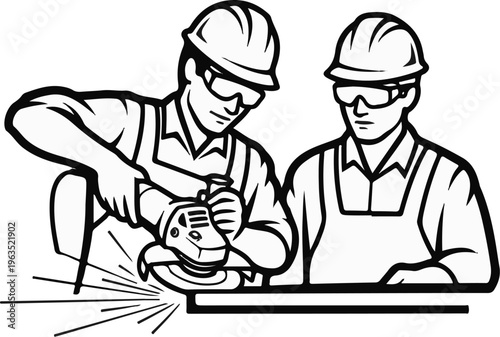 Two industrial workers in hard hats and safety glasses grinding metal