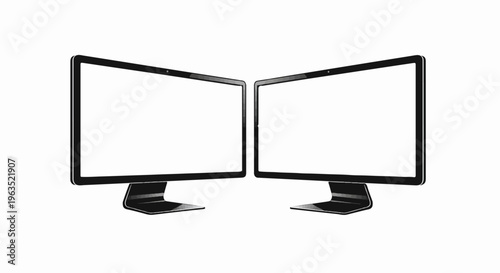 Two modern black computer monitors with blank white screens, angled