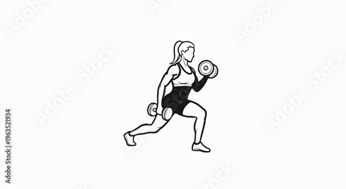 Woman performing a dumbbell lunge and bicep curl exercise