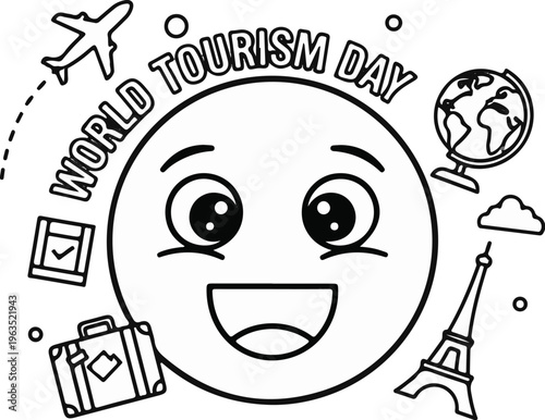 Whimsical cartoon face with travel icons celebrates World Tourism Day