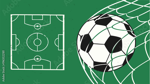 A green soccer field with a stylized soccer ball illustration overlayed on it.