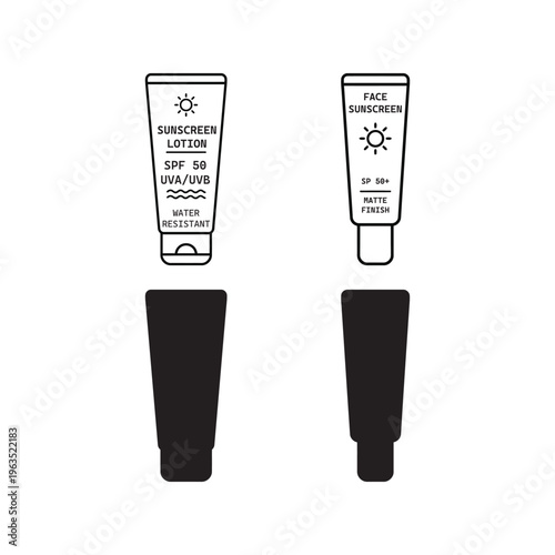 Sunscreen tube icon set featuring spf 50 face and body lotion with uva uvb protection in line art and black silhouette vector styles