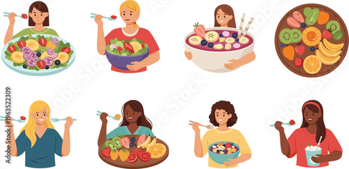 Healthy Eating with Fresh Fruit and Salad Bowls Featuring Diverse Characters Enjoying Nutritious Meals