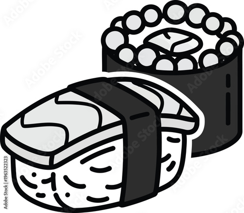 Monochrome nigiri and maki sushi rolls. traditional japanese cuisine vector icon with raw fish
