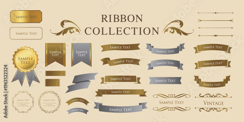 Antique Ribbon Decorations with Border and Frame Design Set