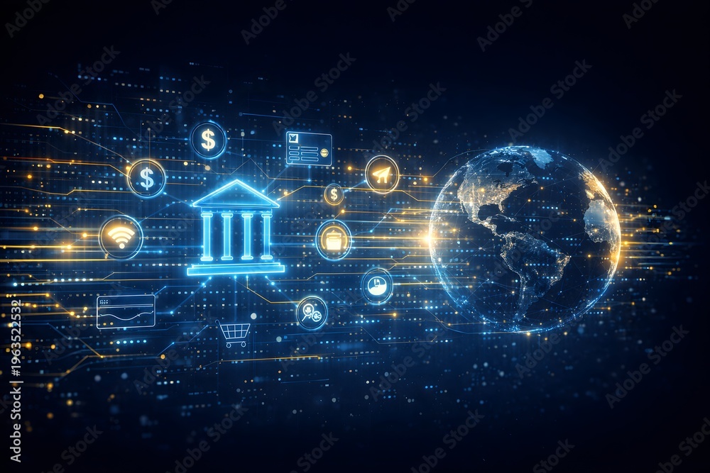 Fototapeta premium Global digital banking concept with glowing blue and gold symbols earth and financial icons on a dark background