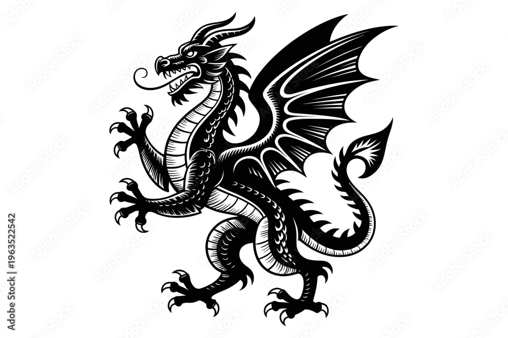 Fototapeta premium A black dragon vector illustration with wings spread wide on a white background