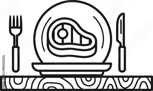 Outline steak dinner on wooden board with fork and knife. classic meal vector icon