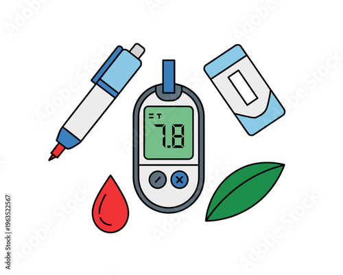 Blood glucose meter with test strips and lancet pen on white background