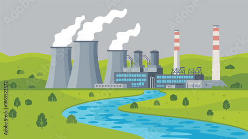 Industrial factory landscape vector illustration, power plant with cooling towers and chimneys emitting smoke near river, environmental pollution concept in green countryside setting