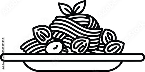 Delicious spaghetti pasta with olives and basil leaves on plate, outline food icon, vector art