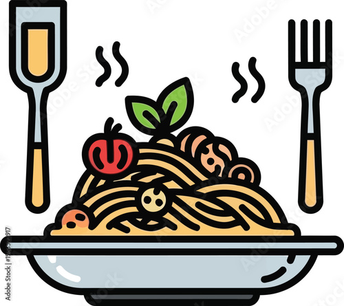Hot steaming pasta with meatballs, tomato, basil, fork and spatula, food icon, basil leaves