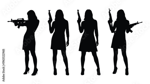 Silhouettes of four women with guns in various poses