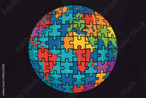 Bright colorful illustration of planet Earth made of interlocking jigsaw puzzle pieces on a black background, symbolizing global unity and connection.