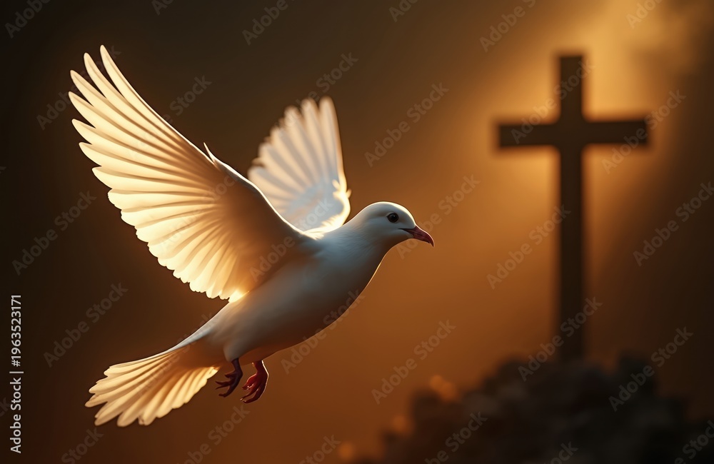 Fototapeta premium White dove flies in front of Catholic cross silhouette. Soft warm light illuminates bird wings. Symbol of Holy Spirit peace and faith. Religious hope.