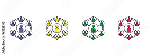 Colorful community icons, multiple style collection, vector elements, social group, collaboration, teamwork, networking, community support concept, solid, outline, glyph icons.